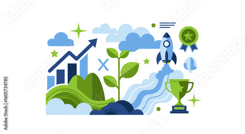 Illustration showing growth chart, plant, rocket launch, and trophy, symbolizing business success and progress
