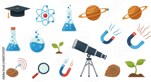 Illustration of science related objects including a graduation cap atom and a telescope and more