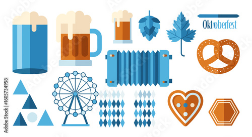 Oktoberfest themed image with beer glasses, pretzel, accordion, and ferris wheel in a flat design style