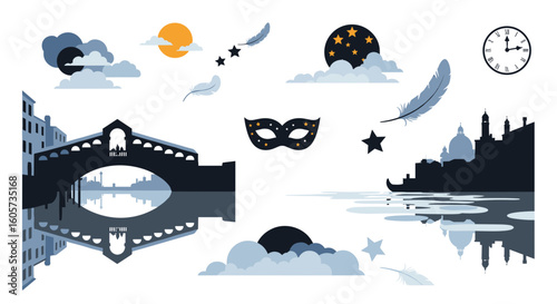 Venice cityscape with bridge, mask, clock, and celestial elements in a dreamlike illustration