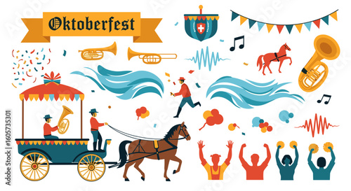 Oktoberfest celebration with horse drawn carriage musicians and festive decorations in vibrant colors