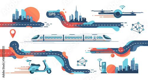 Illustration showcasing various transportation methods including train drone and scooter with gps routes