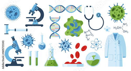 Illustration of medical and scientific elements including dna microscope and laboratory equipment