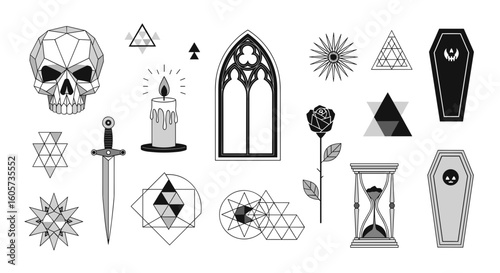 Collection of gothic themed drawings including a skull candle window and other geometric shapes and objects