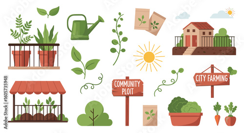 Illustration of urban gardening elements including plants vegetables and gardening tools in a city environment