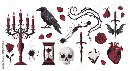 Gothic elements illustration featuring a raven, skull, candle holder, and other dark themed items