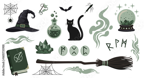 Collection of halloween themed witchy elements including a cat hat potion and other spooky decorations