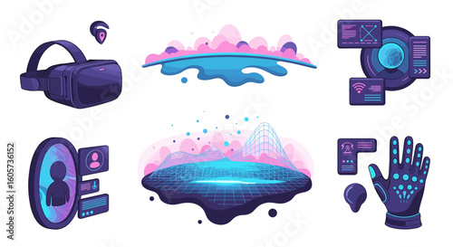 Illustration showing various virtual reality elements including headset platform and data interfaces