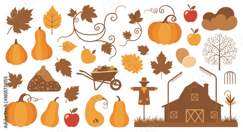 Illustration of autumn harvest elements including pumpkins apples leaves and a barn scene in brown