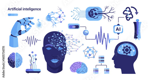 Illustration showing various elements related to artificial intelligence concepts and technologies