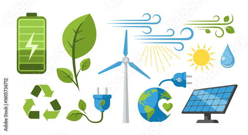 Illustration of renewable energy sources including solar wind water and earth elements in bright colors