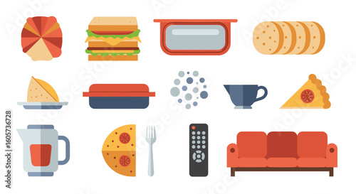 Flat vector illustration of various food items and household objects arranged on a white background