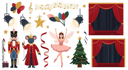 Illustration of nutcracker characters ballerina christmas tree and theater curtains on white background