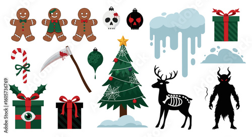 Festive horror christmas elements including gingerbread men and a christmas tree with a deer and krampus