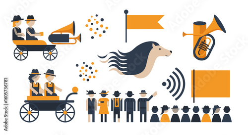 Illustration of a parade scene with people in carts, flags, horse head and musical instruments