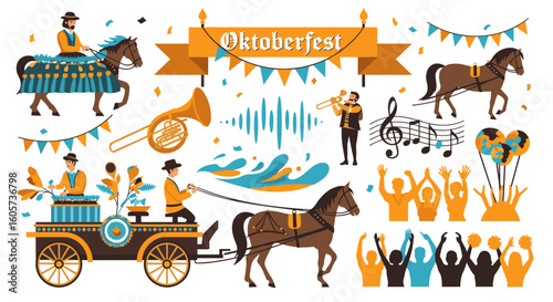 Illustration of oktoberfest celebration with horses musicians and festive elements on a white background