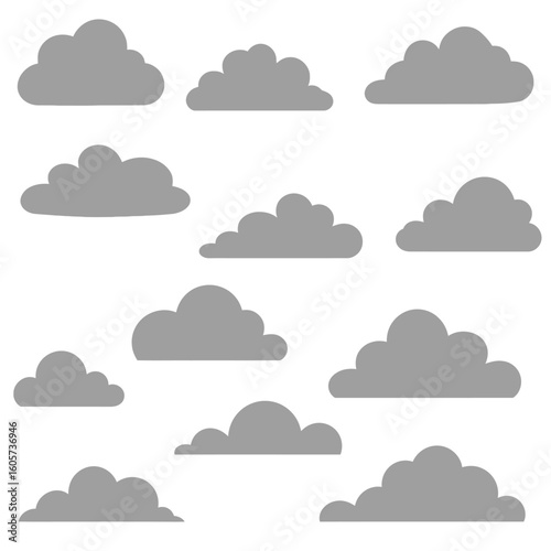 Collection of Gray Cartoon Clouds Simple Shapes Various Sizes.