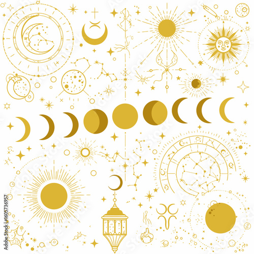 Celestial Gold Collection of Mystical Sun Moon Stars and Zodiac Constellations.