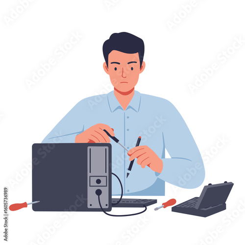 Concentrated Technician Repairing Desktop Computer Tower with Precision Screwdriver.