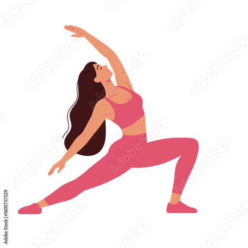 Woman with long brown hair in pink yoga attire performing a graceful low lunge stretch with arm raised overhead.