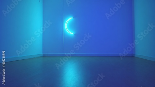 Minimalist room design with bright blue sky and a window that creates a concept of empty space