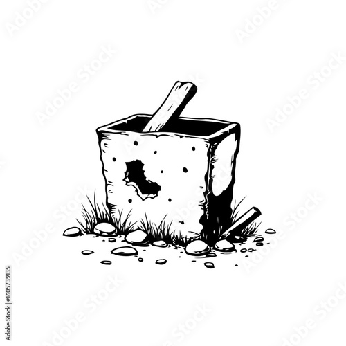 Drawing of a derelict and broken cube with a piece of wood standing amid grasses and rocks