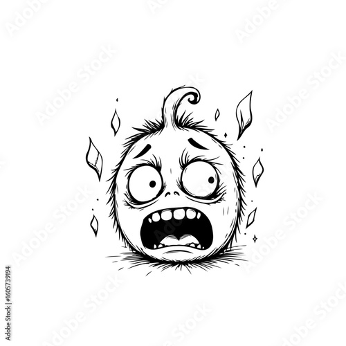 Distressed cartoon character with wide eyes and open mouth expressing intense fear and anxiety in black and white