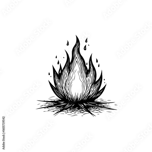 Monochrome bonfire illustration with crackling flames conveys warmth and rustic charm for design applications and artistic presentations