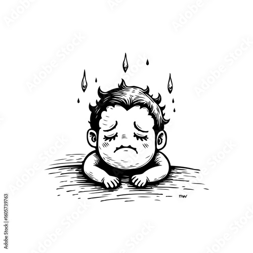 Expressive monochrome illustration of a sad baby in tears conveying vulnerability and innocence