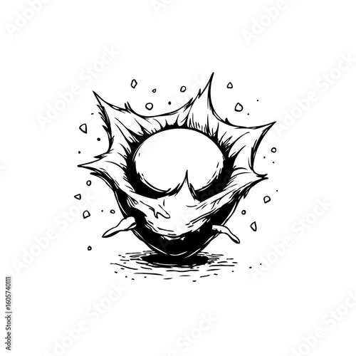 A striking monochrome illustration of a stylized virus or germ depicted with sharp projections and menacing appearance