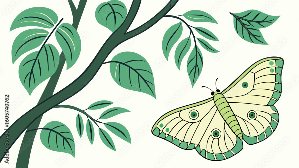 Fototapeta premium Delicate Green Butterfly on Leafy Branch in a Vibrant Natural Setting