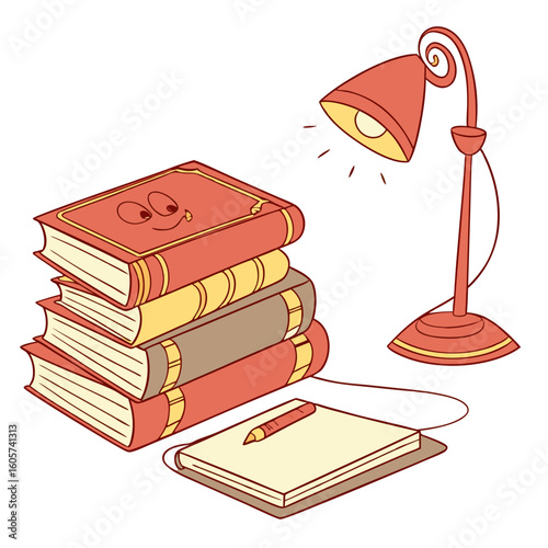 Stack of Colorful Books Beside a Writing Notebook and Lamp on a Study Table