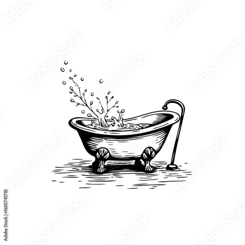 Mystical bathroom scene illustration featuring an antique bathtub overgrown with a flourishing plant inside the tub