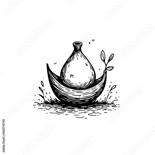 Minimalist illustration of a vase in a boat with a plant symbolizing nature and tranquility