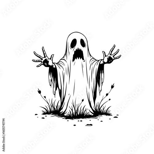 A spooky illustration featuring a ghost in a creepy stance with scary eyes and hands