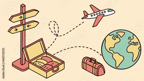 Travel Concept Illustration with Airplane, Luggage, and Globe Showing