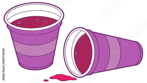 Two Purple Plastic Cups with One Spilled Beverage on a White Background