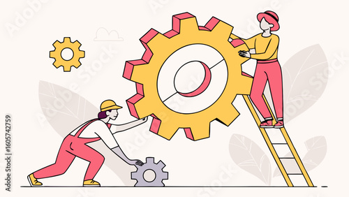 Workers Collaborating on a Large Gear with Ladder and Tools in a Creative