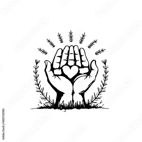 Illustrative hands holding a heart amidst floral elements symbolizing care support and well being drawing