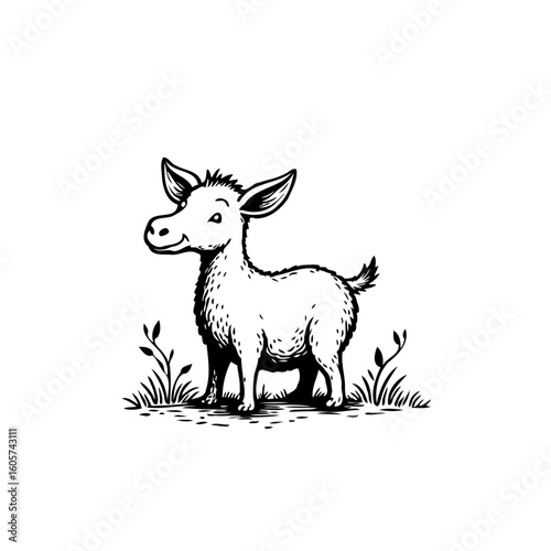Whimsical hand drawn donkey illustration standing among grassy plants providing a charming rustic farmyard scene
