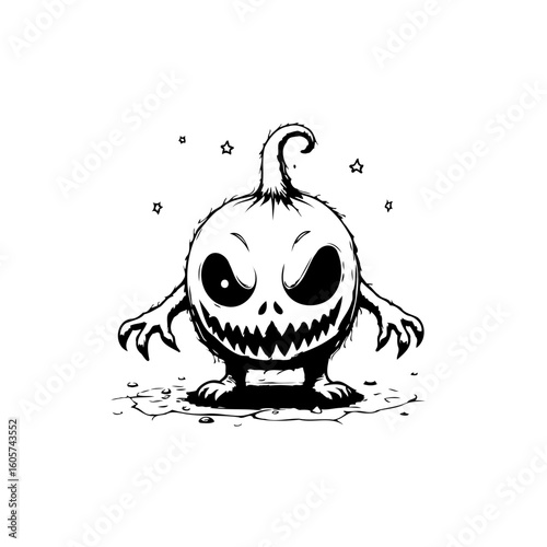 Whimsical halloween monster illustration with black and white design suitable for creative projects especially for spooky season