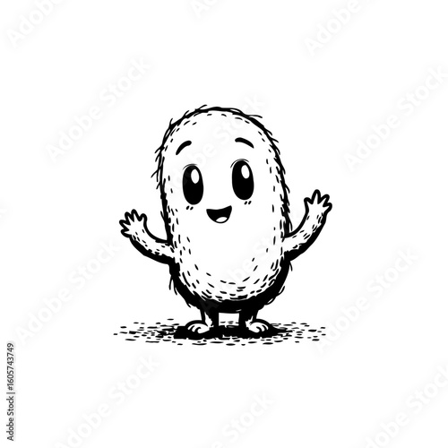 Adorable cartoon character illustration showcasing a friendly and approachable monster with welcoming arms in black and white