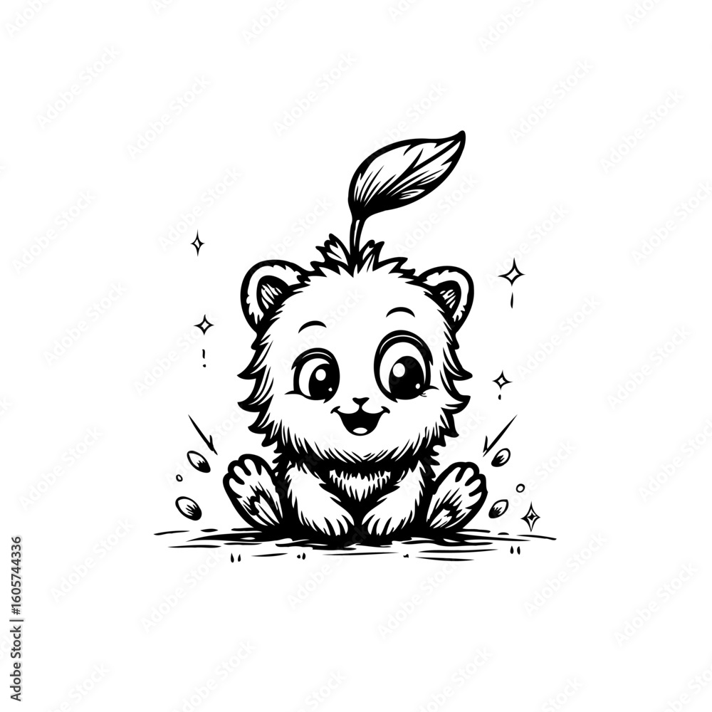 Obraz premium Adorable cartoon creature with a leaf on its head: a playful black and white illustration