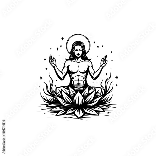 Illustration depicting spiritual enlightenment through meditation a person in lotus position among stars and nature elements design