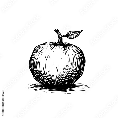 Hand drawn apple illustration featuring a fresh fruit still life rendered in etching style