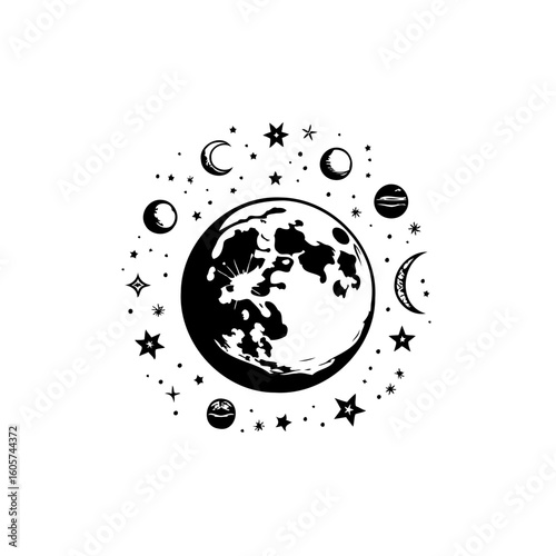Minimalist moon phases and stars design conveying celestial beauty and mystical concepts for decoration illustration