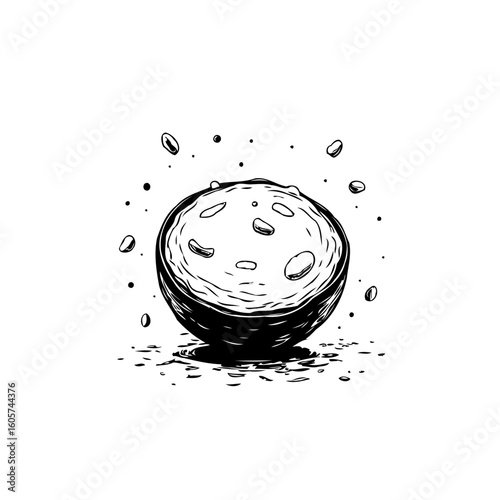 Abstract sketch of a stylized half coconut with visible pulp and surrounding splashes
