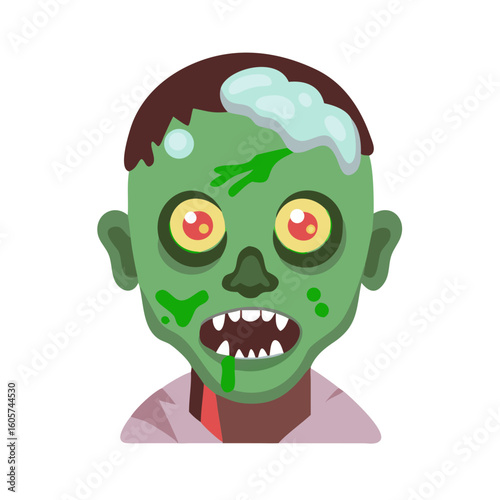 Vector art of a scary green zombie face with rotting flesh is ready for halloween isolated on white background