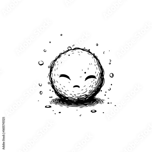 Simple minimalist hand drawn illustration of a cute grumpy snowball character with a small shadow