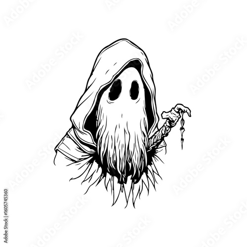 Eerie spectral figure hooded silhouette holding rosary beads in a haunting monochromatic graphic novel illustration design